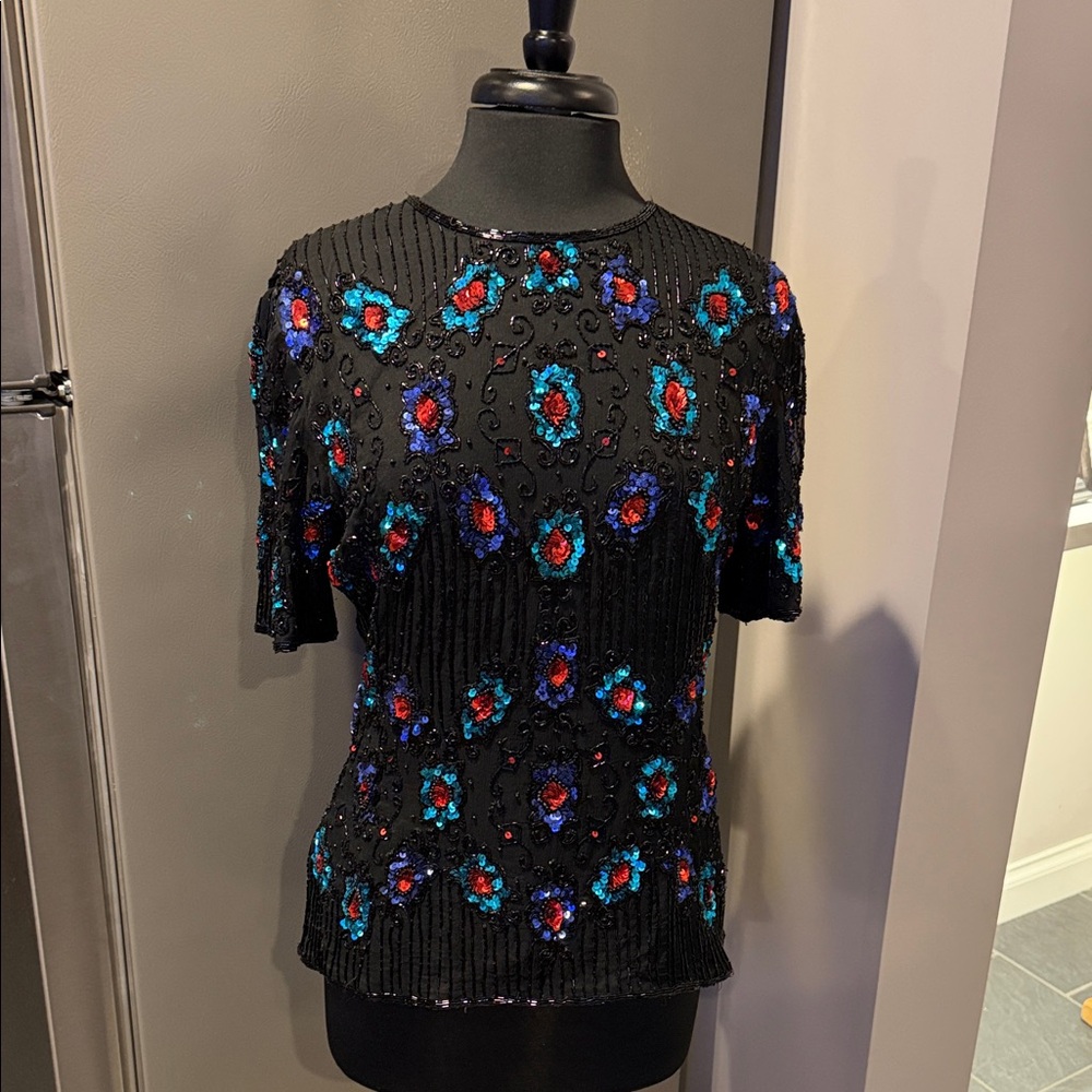 Vintage 100% Silk Elegant Black Sequin Top with Floral Accents